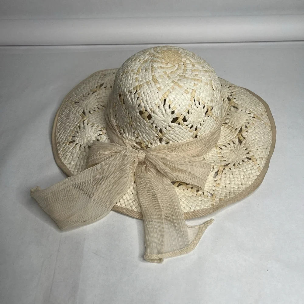 Vintage Patterned Straw Bucket Hat Beach Sun 60s 70s‎ Cottage Core Gardening